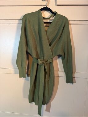 Olive Green Ribbed Wrap Cardigan with Self Tie